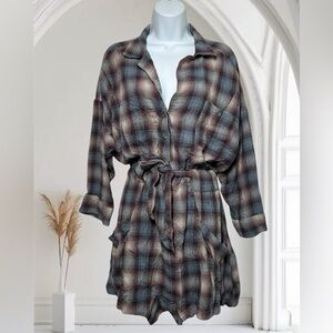 Free People Size Medium Plaid Button Front Romper Tie Waist Oversized Boho